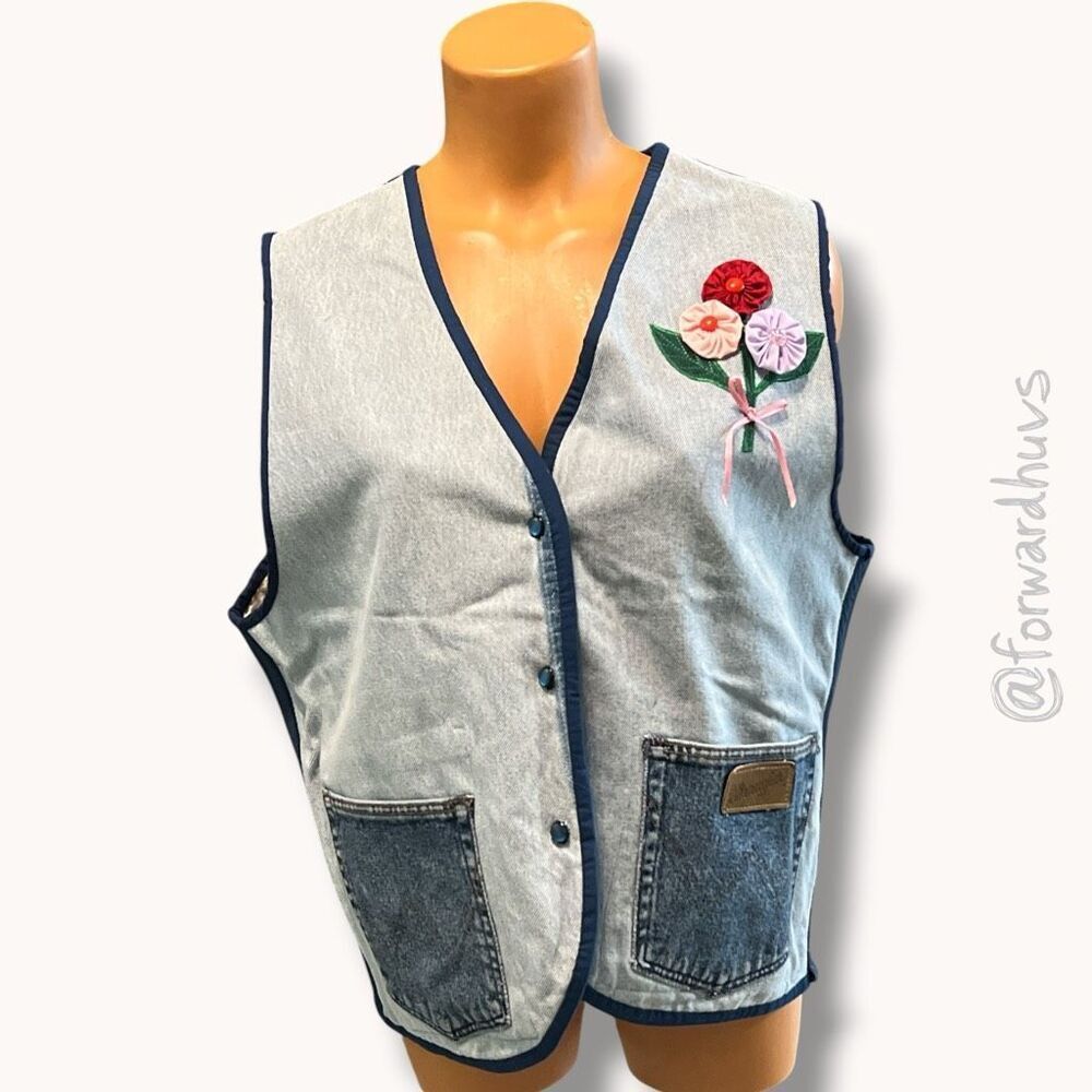 Handmade Denim Vest – Patchwork – Floral Appliqué – Approx Size Large